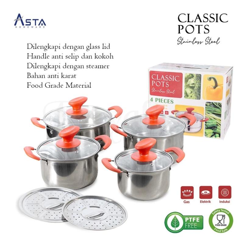 Asta Panci Susun Tutup Kaca Set Isi 4 Stainless Steel