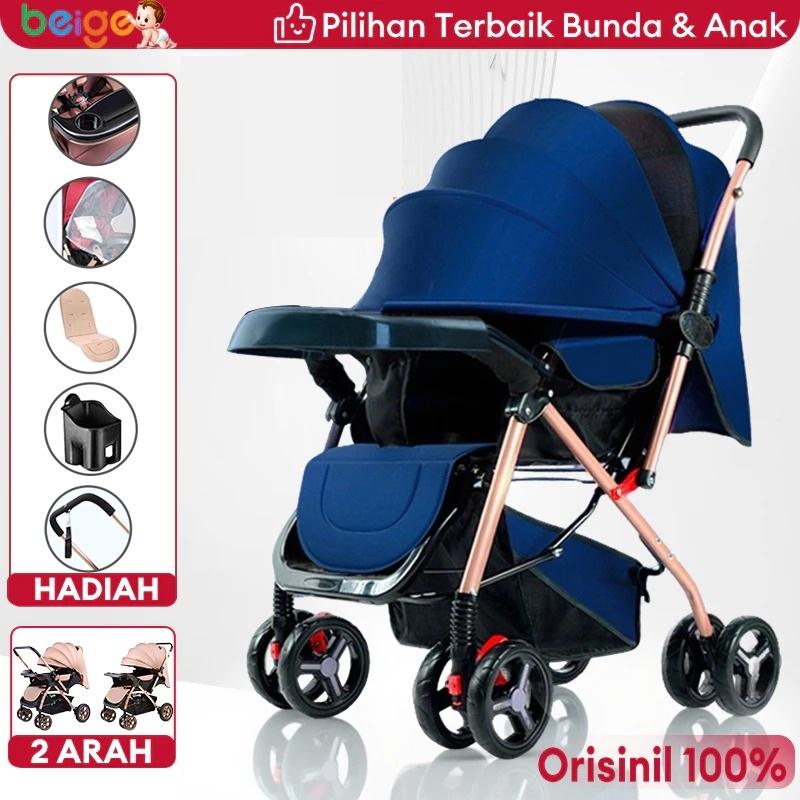 Beige Stroller Bayi Dua Arah + Meja - Biru Tua